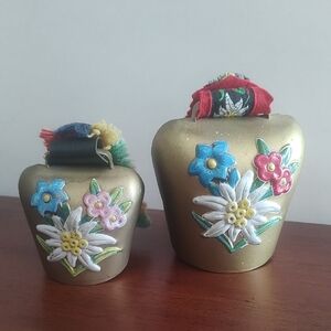 Brass Cow Bell Floral Hand Painted Switzerland 1960's Holiday Folk Art CHRISTMAS
